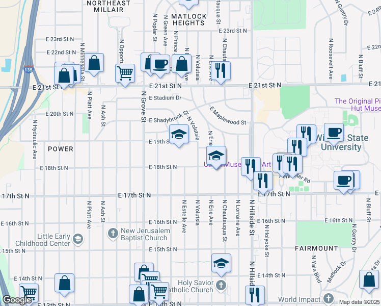 map of restaurants, bars, coffee shops, grocery stores, and more near 1956 North Volutsia in Wichita