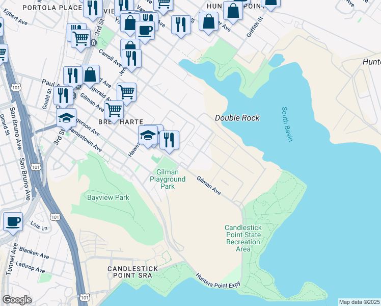 map of restaurants, bars, coffee shops, grocery stores, and more near 2498 Griffith Street in San Francisco