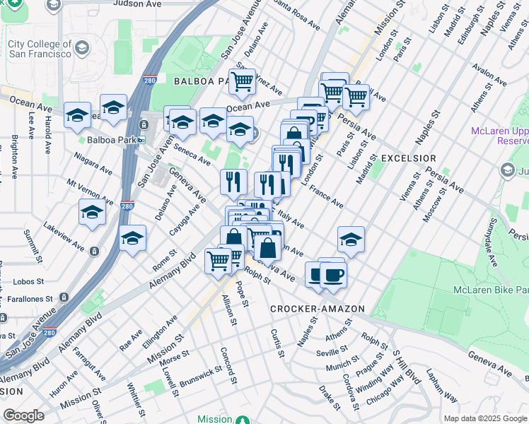 map of restaurants, bars, coffee shops, grocery stores, and more near 160 Bertita Street in San Francisco