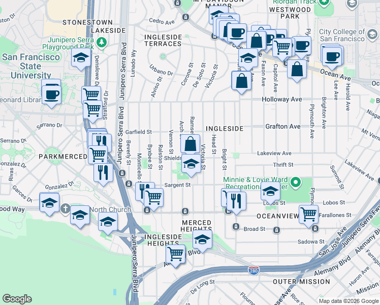map of restaurants, bars, coffee shops, grocery stores, and more near 460 Ramsell Street in San Francisco