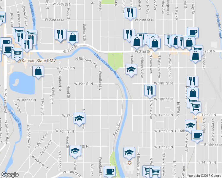 map of restaurants, bars, coffee shops, grocery stores, and more near 808 West 19th Street North in Wichita