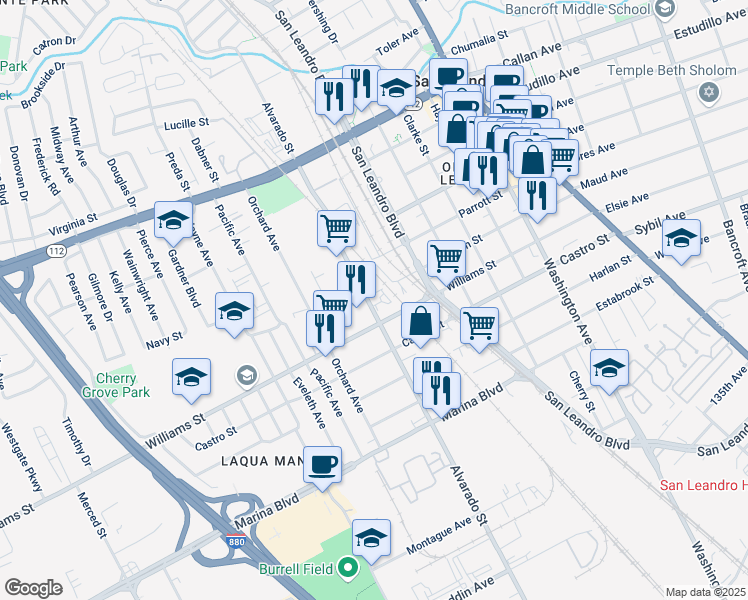 map of restaurants, bars, coffee shops, grocery stores, and more near 799 Thornton Street in San Leandro
