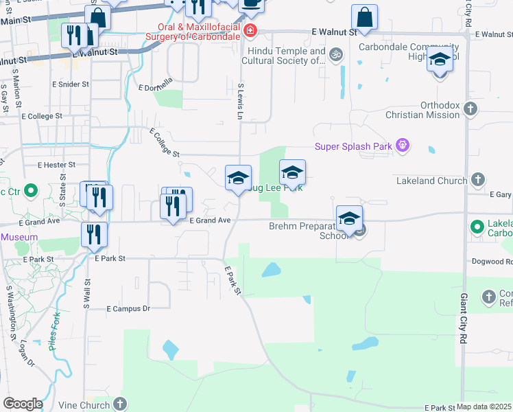 map of restaurants, bars, coffee shops, grocery stores, and more near 801 South Lewis Lane in Carbondale