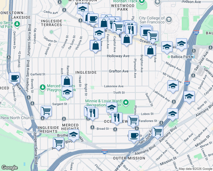 map of restaurants, bars, coffee shops, grocery stores, and more near 242 Faxon Avenue in San Francisco