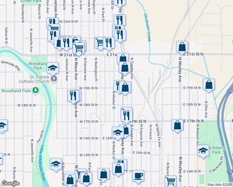 map of restaurants, bars, coffee shops, grocery stores, and more near 200-298 East 19th Street North in Wichita