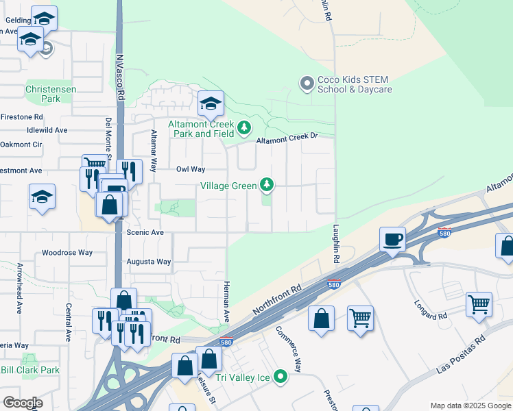 map of restaurants, bars, coffee shops, grocery stores, and more near 1256 Village Green Drive in Livermore