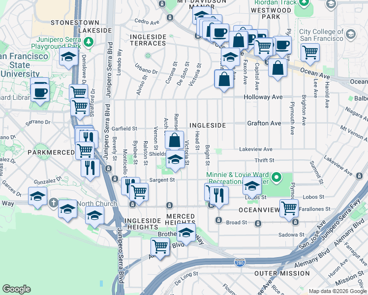 map of restaurants, bars, coffee shops, grocery stores, and more near 2 Victoria Street in San Francisco