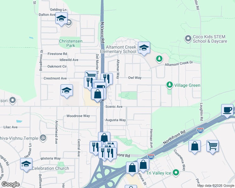 map of restaurants, bars, coffee shops, grocery stores, and more near 1445 Maplewood Drive in Livermore