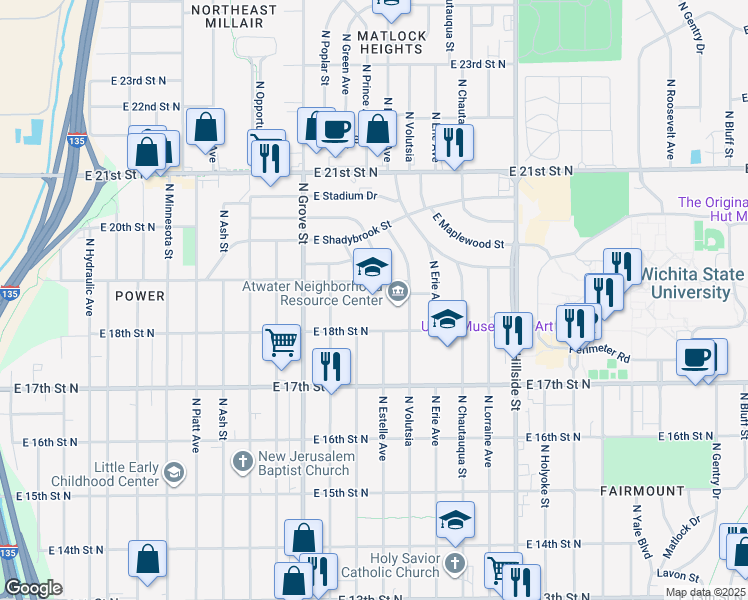 map of restaurants, bars, coffee shops, grocery stores, and more near 2500 East 18th Street North in Wichita