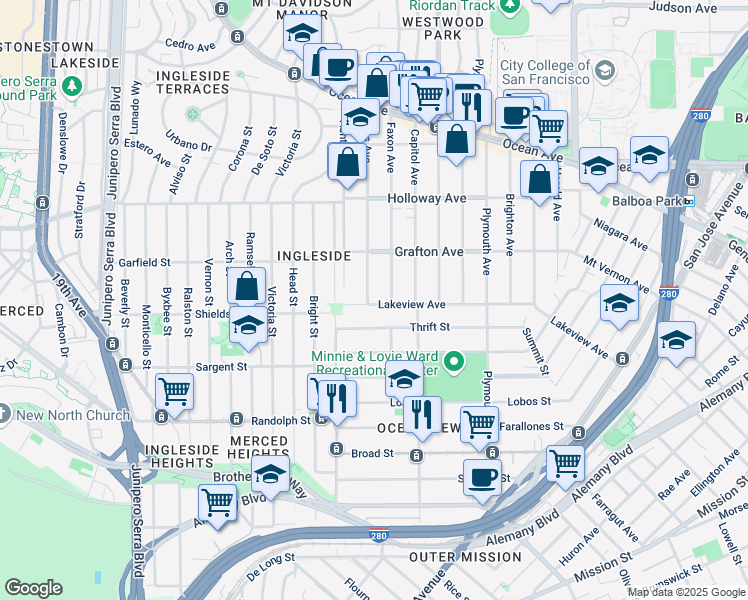 map of restaurants, bars, coffee shops, grocery stores, and more near 43 Jules Avenue in San Francisco