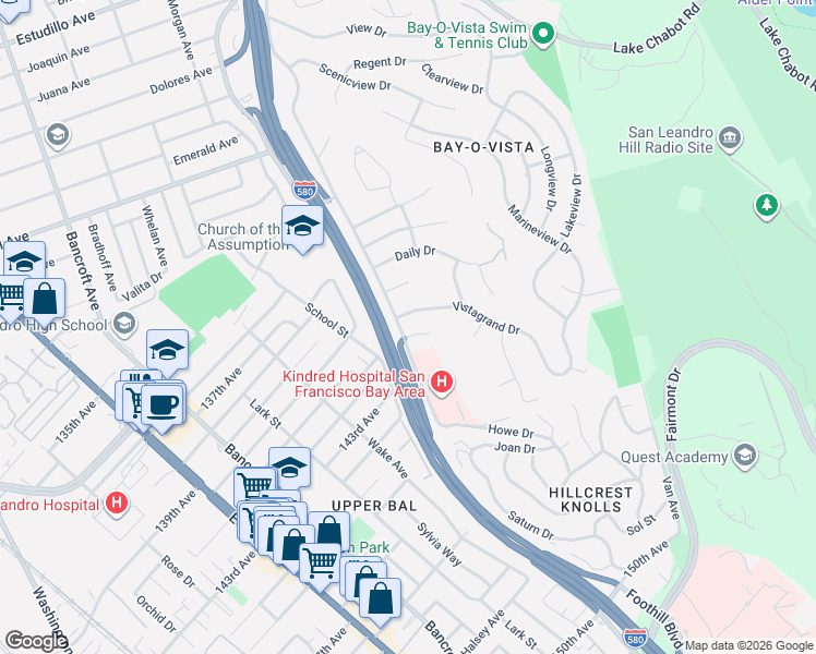 map of restaurants, bars, coffee shops, grocery stores, and more near 1358 Vistagrand Drive in San Leandro