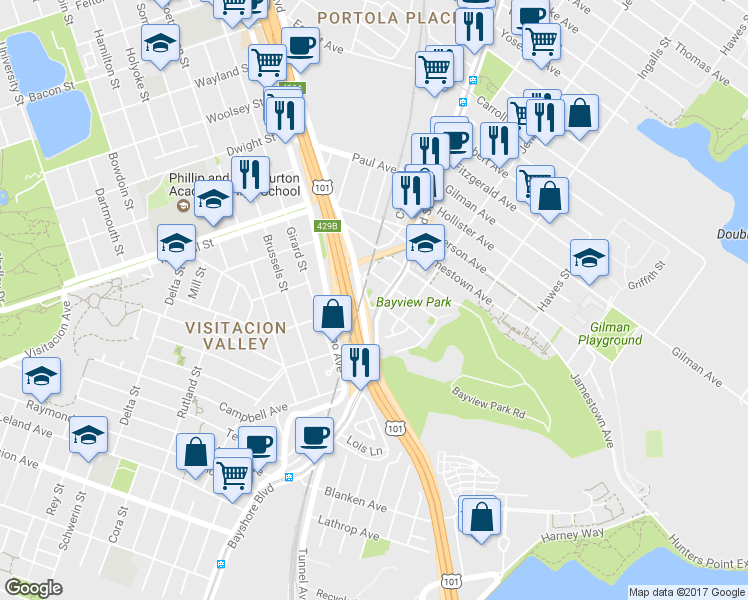 map of restaurants, bars, coffee shops, grocery stores, and more near 1081 Le Conte Avenue in San Francisco