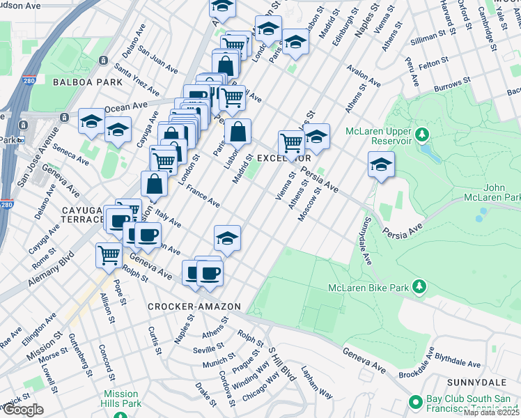map of restaurants, bars, coffee shops, grocery stores, and more near 622-624 Naples Street in San Francisco