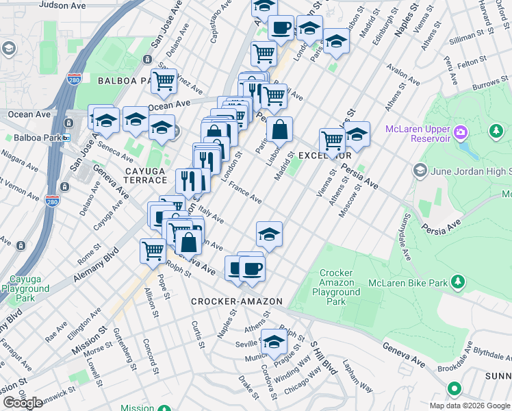 map of restaurants, bars, coffee shops, grocery stores, and more near in San Francisco
