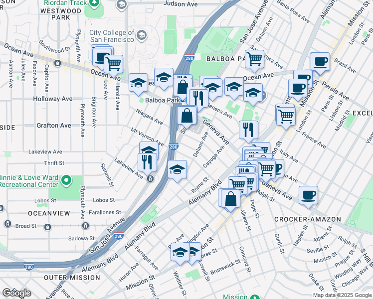 map of restaurants, bars, coffee shops, grocery stores, and more near in San Francisco