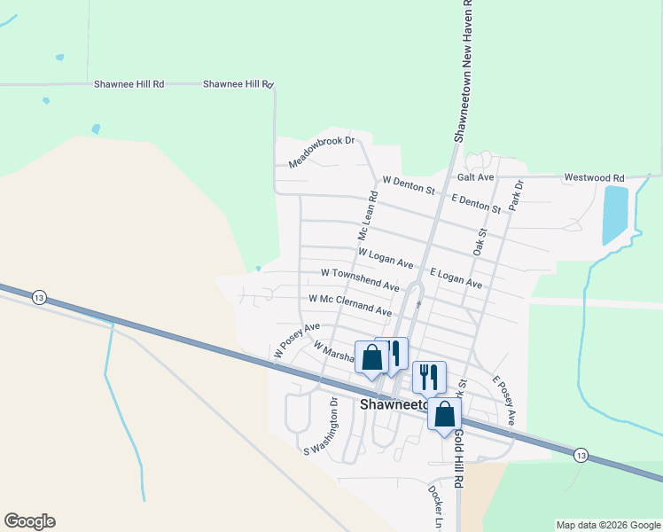 map of restaurants, bars, coffee shops, grocery stores, and more near 205-209 West Logan Avenue in Shawneetown