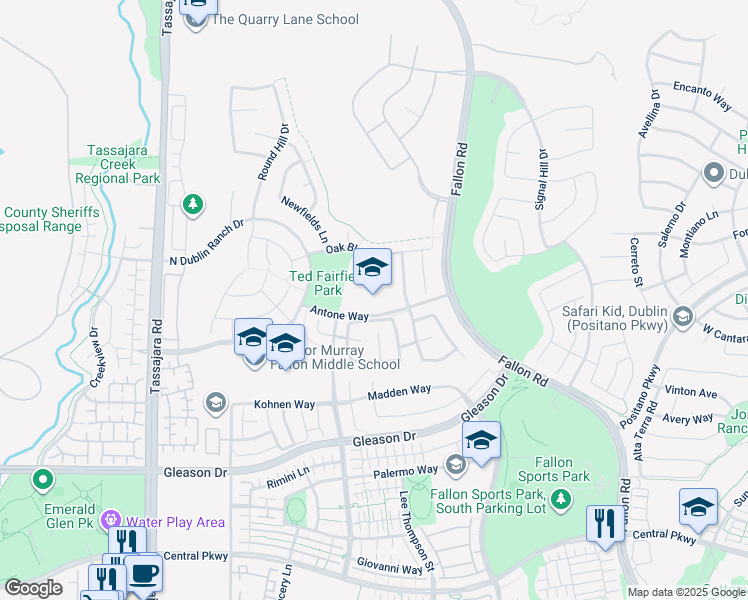 map of restaurants, bars, coffee shops, grocery stores, and more near 3300 Antone Way in Dublin