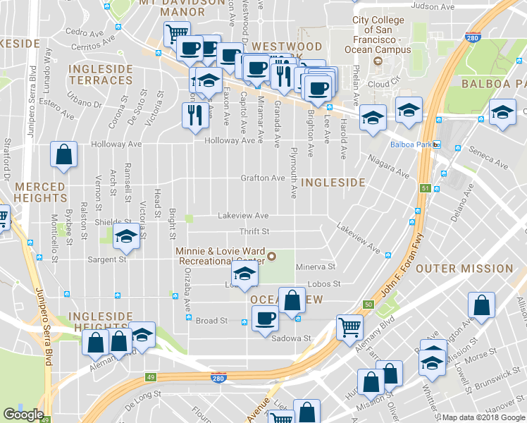 map of restaurants, bars, coffee shops, grocery stores, and more near 2 Miramar Avenue in San Francisco