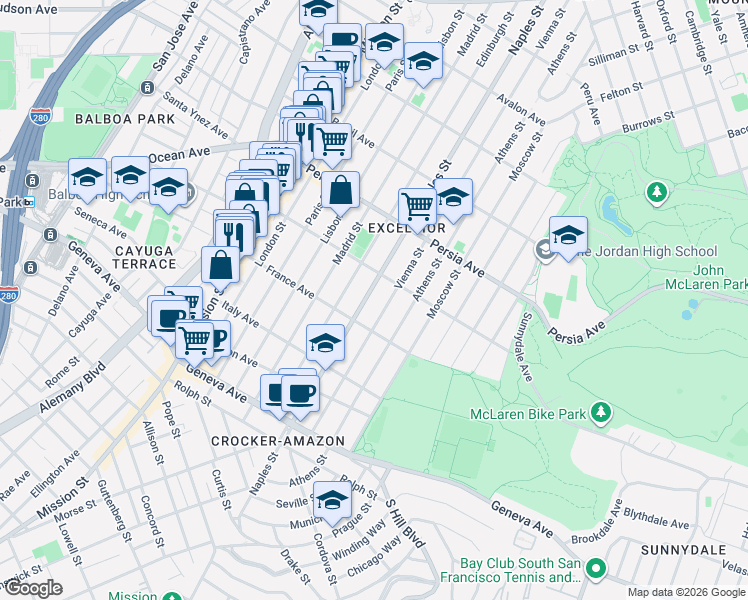 map of restaurants, bars, coffee shops, grocery stores, and more near 622-624 Naples Street in San Francisco