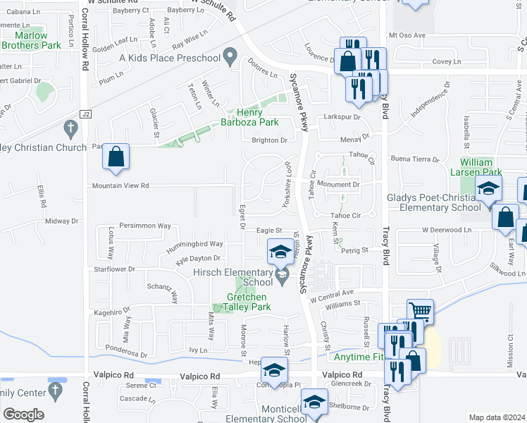 map of restaurants, bars, coffee shops, grocery stores, and more near 1445 Yorkshire Loop in Tracy
