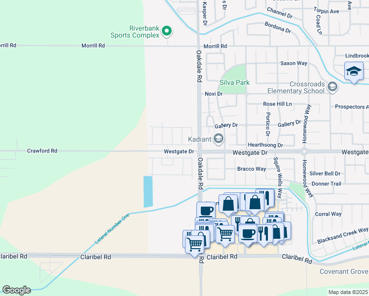 map of restaurants, bars, coffee shops, grocery stores, and more near Crawford Road in Modesto
