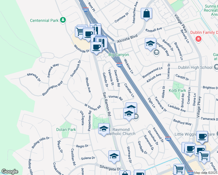 map of restaurants, bars, coffee shops, grocery stores, and more near 8475 Galindo Drive in Dublin