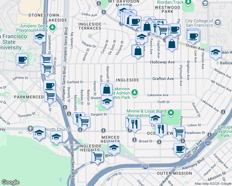 map of restaurants, bars, coffee shops, grocery stores, and more near 428 Victoria Street in San Francisco