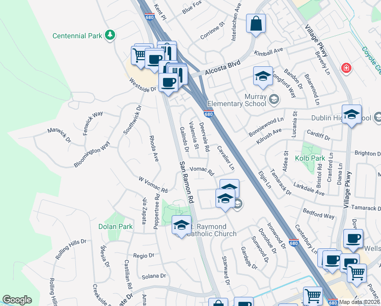 map of restaurants, bars, coffee shops, grocery stores, and more near 8475 Galindo Drive in Dublin