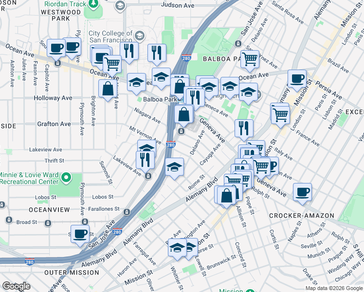 map of restaurants, bars, coffee shops, grocery stores, and more near in San Francisco