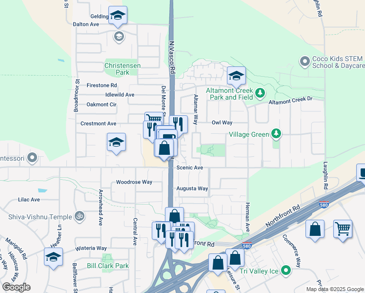 map of restaurants, bars, coffee shops, grocery stores, and more near 6125 Springtime Comm in Livermore