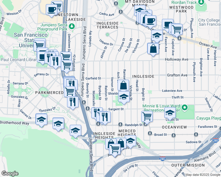 map of restaurants, bars, coffee shops, grocery stores, and more near 331 Vernon Street in San Francisco