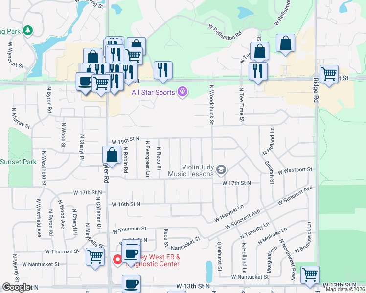 map of restaurants, bars, coffee shops, grocery stores, and more near 1918 North Floyd Street in Wichita