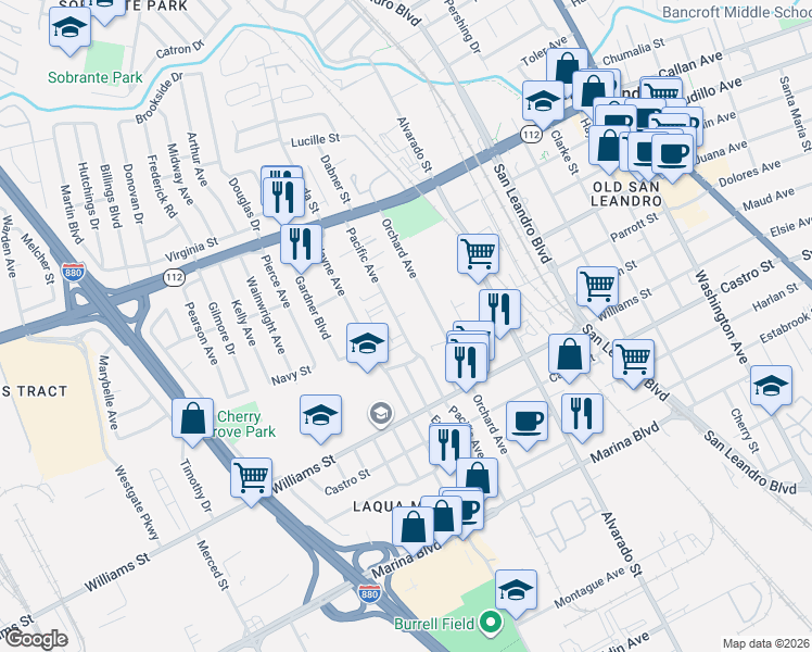 map of restaurants, bars, coffee shops, grocery stores, and more near 1578 Pacific Avenue in San Leandro