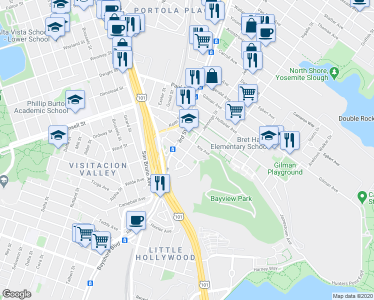 map of restaurants, bars, coffee shops, grocery stores, and more near 6523 3rd Street in San Francisco