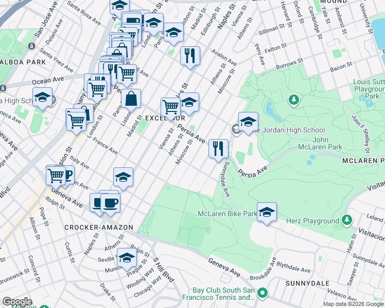 map of restaurants, bars, coffee shops, grocery stores, and more near 422 Munich Street in San Francisco