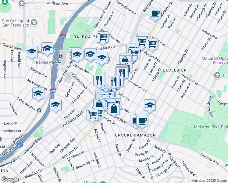 map of restaurants, bars, coffee shops, grocery stores, and more near 160 Bertita Street in San Francisco