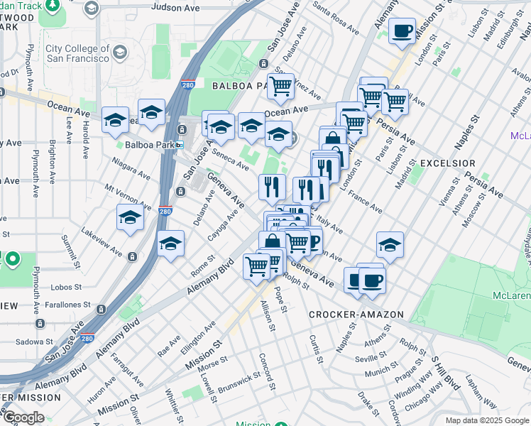 map of restaurants, bars, coffee shops, grocery stores, and more near 135 Seneca Avenue in San Francisco