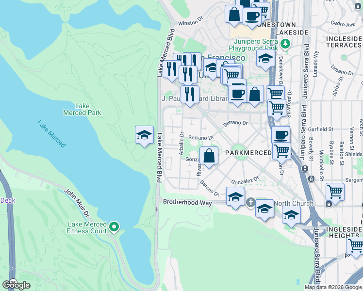 map of restaurants, bars, coffee shops, grocery stores, and more near Arballo Dr & Higuera Ave in San Francisco