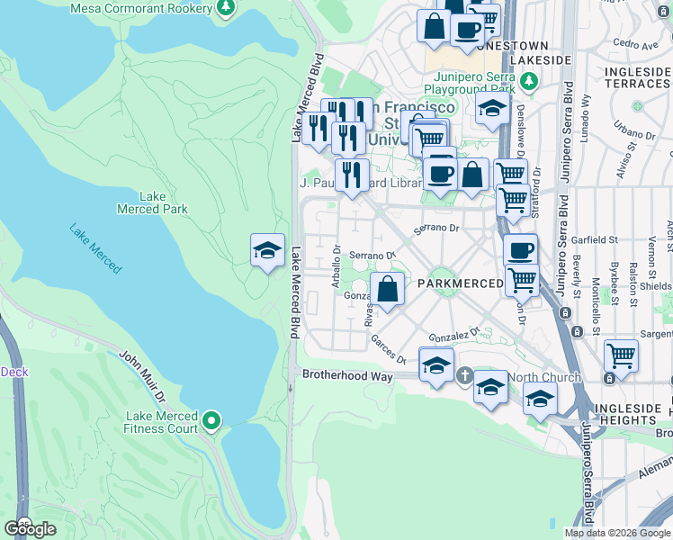 map of restaurants, bars, coffee shops, grocery stores, and more near Arballo Drive in San Francisco
