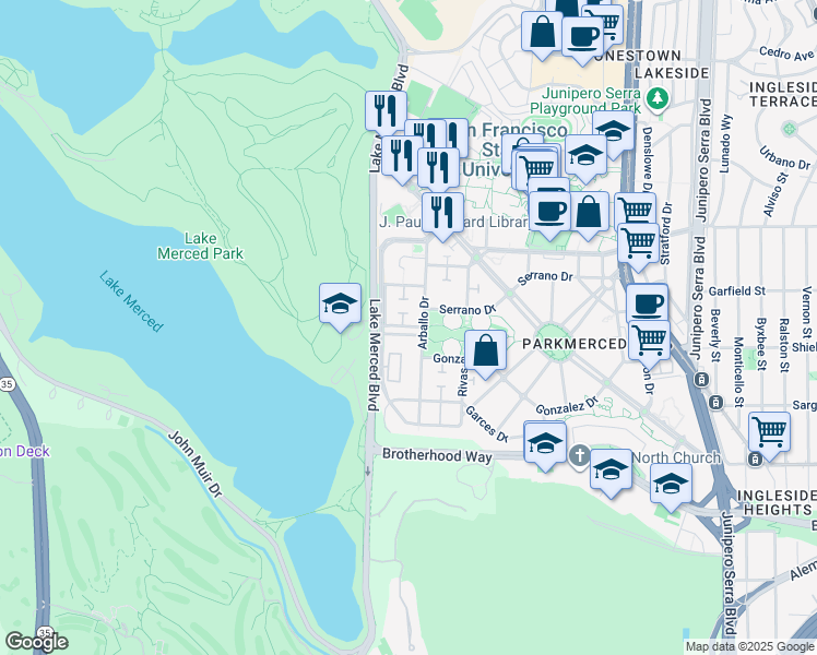 map of restaurants, bars, coffee shops, grocery stores, and more near 14 Higuera Ave in San Francisco