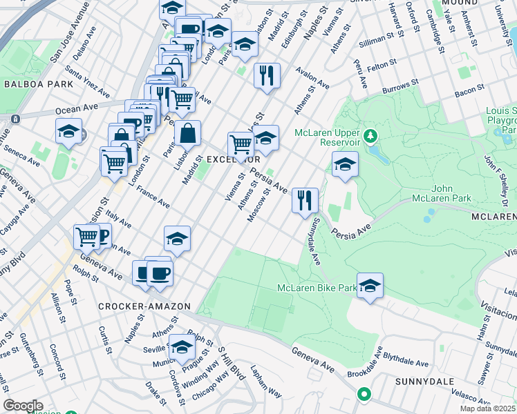 map of restaurants, bars, coffee shops, grocery stores, and more near Moscow Street in San Francisco