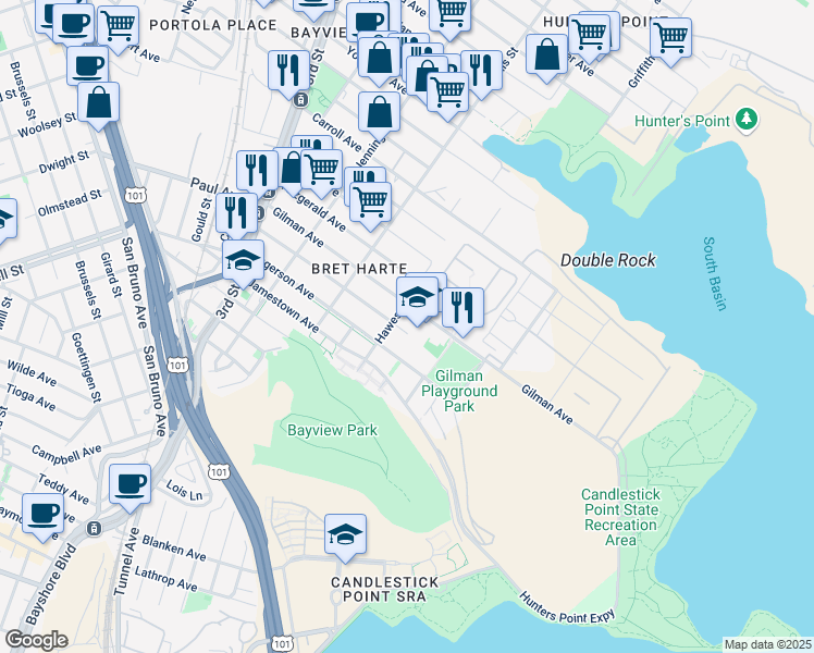 map of restaurants, bars, coffee shops, grocery stores, and more near 974 Hollister Avenue in San Francisco