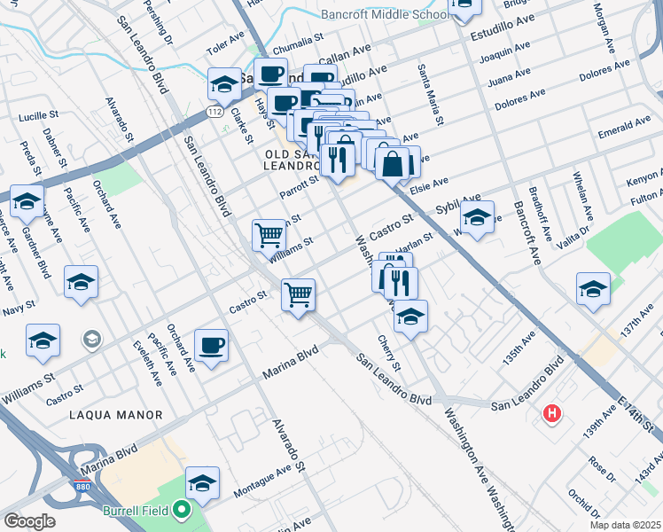map of restaurants, bars, coffee shops, grocery stores, and more near 341 Castro Street in San Leandro