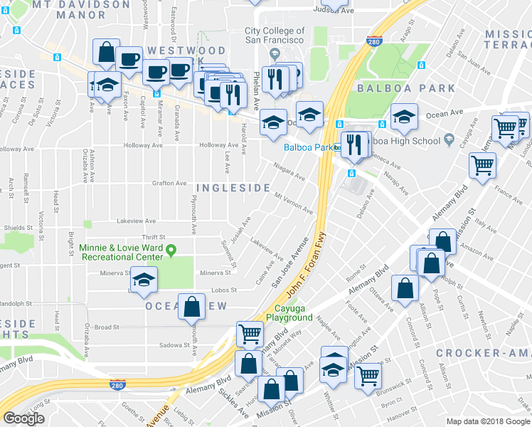 map of restaurants, bars, coffee shops, grocery stores, and more near 2 Margaret Avenue in San Francisco