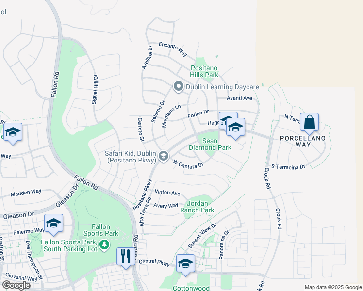 map of restaurants, bars, coffee shops, grocery stores, and more near 2371 Capistrello Street in Dublin