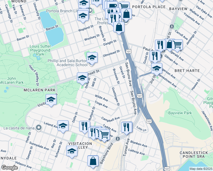 map of restaurants, bars, coffee shops, grocery stores, and more near 15 Bishop Street in San Francisco