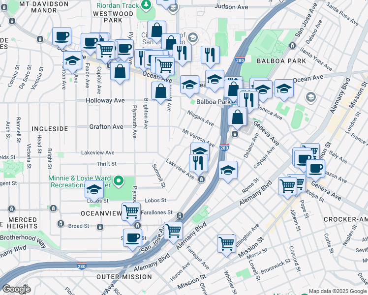 map of restaurants, bars, coffee shops, grocery stores, and more near 2 Margaret Avenue in San Francisco