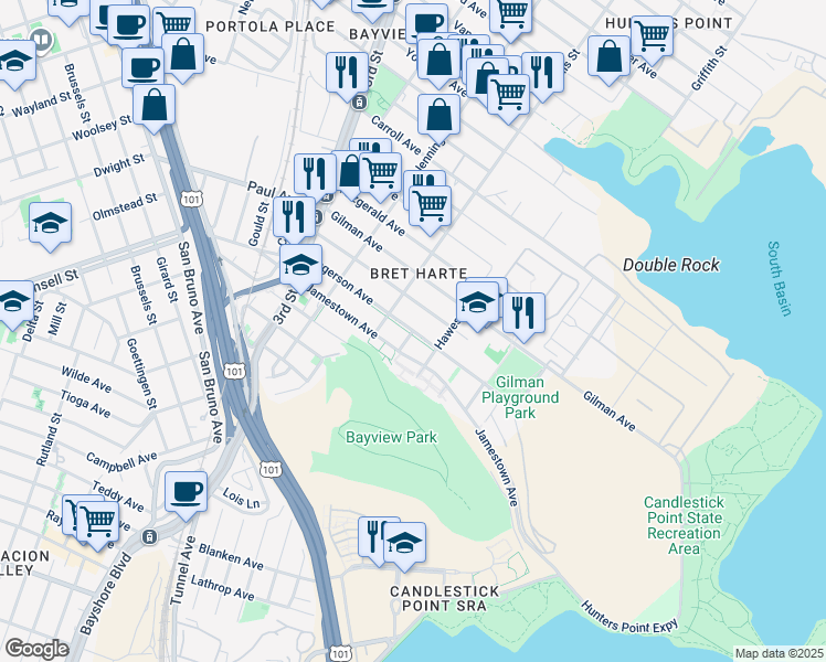 map of restaurants, bars, coffee shops, grocery stores, and more near Ingerson Avenue in San Francisco