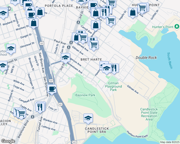 map of restaurants, bars, coffee shops, grocery stores, and more near Ingerson Avenue in San Francisco