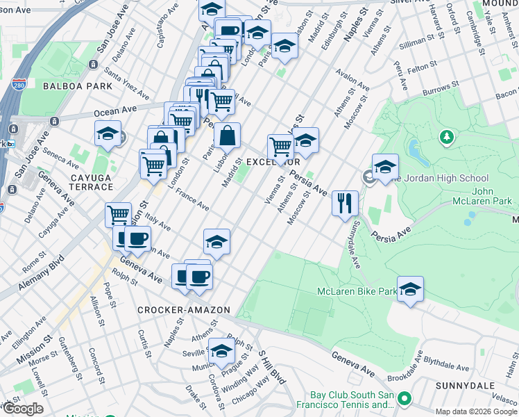 map of restaurants, bars, coffee shops, grocery stores, and more near 597 Vienna Street in San Francisco